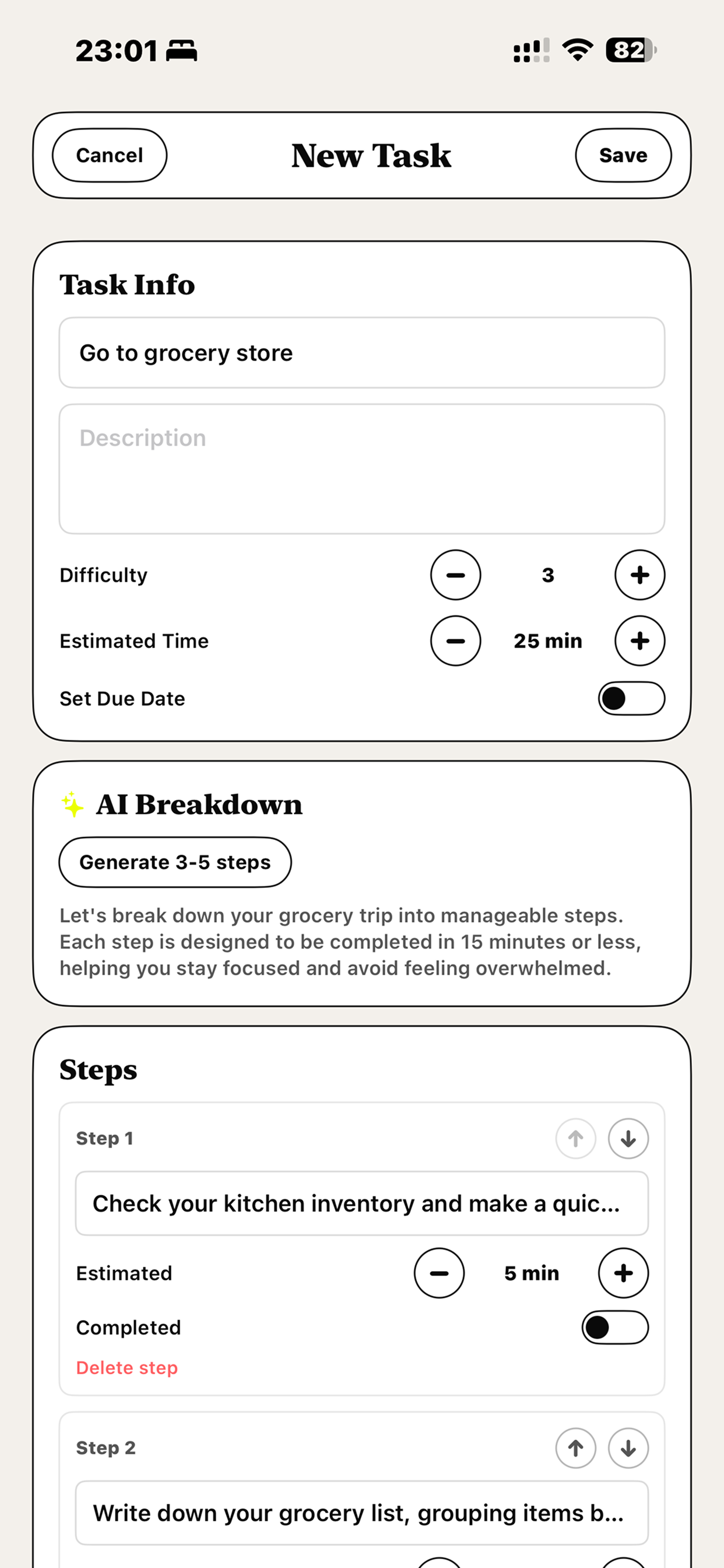 New task with AI breakdown